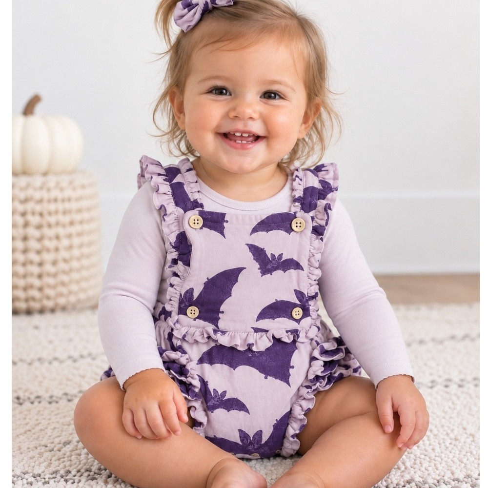Kate Quinn Halloween Ruffle Gretel Bubble Purple Bamboo Ruffle 6-12M Romper Bat